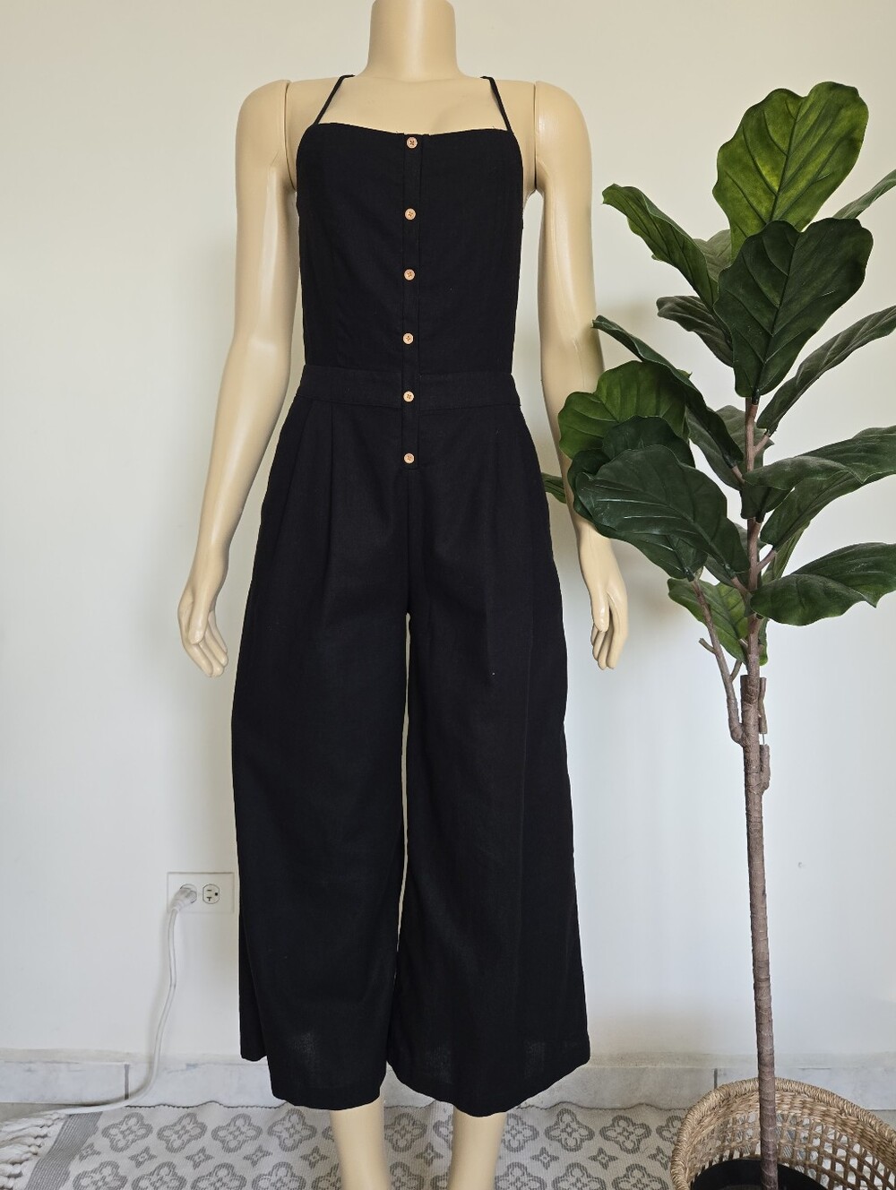 Étophe Studios Black Linen Blend Halter Jumpsuit - Size M Women's